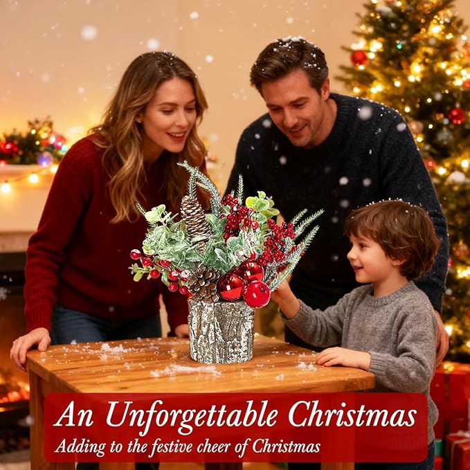 Small Christmas Tree for Tabletop, Artificial Mini Christmas Tree Decorations with Red Berry Pine Cone Pine Picks, Xmas Ornaments Indoor Home Holiday Decor (1 Pack)