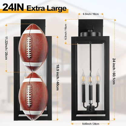 24" Extra Large Fully Enclosed Outdoor Light Fixture 3-Light, Black Outdoor Porch Lantern Wall Mounted, Waterproof Modern Outside Wall Sconce Coach Lamp for House, E12, 2 Packs