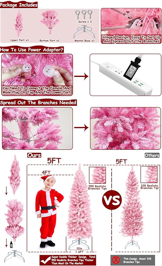 5 Ft Prelit Pink Artificial Pencil Christmas Tree Decoration 180 Warm White Lights 550 Branch Tips Metal Stand Slim Tree Xmas Decor Indoor Outdoor Home Holiday