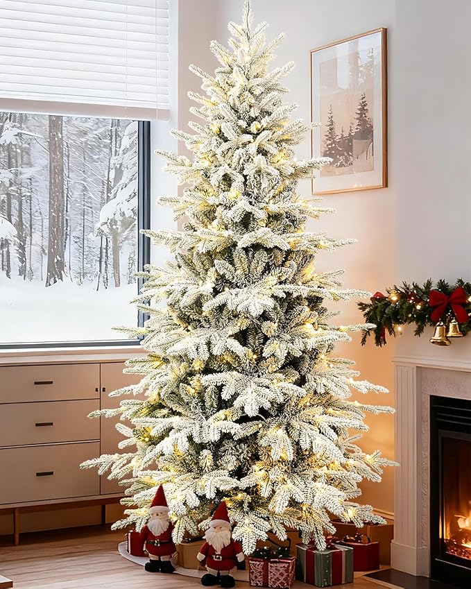 8FT Christmas Tree Prelit Flocked，Snow Frosted PE Tips Premium Artificial Xmas Tree，Foldable Metal Base, Holiday Decoration Warm White & Muticolor LED