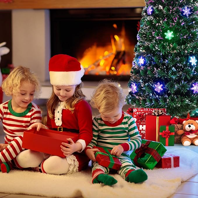 Goplus 6ft Pre-Lit Fiber Optic Christmas Tree, Artificial Xmas Full Tree with Colorful Snowflake LED Lights, 220 Branch Tips, Foldable Metal Base, for Office Home Holiday Decor