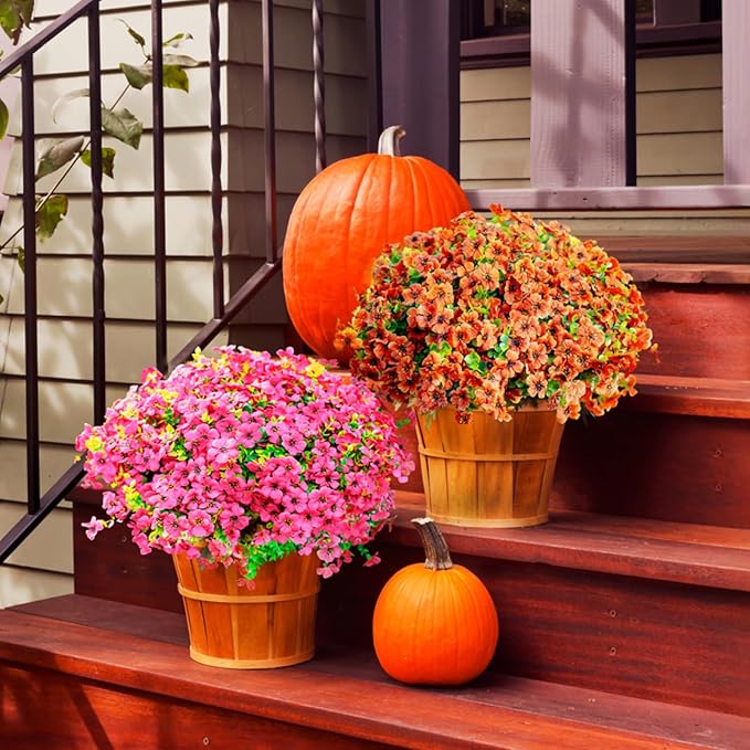 Artificial Fake Plants Flowers for Outdoor Fall Autumn Decoration，16 Bundles Fake Plants UV Resistant No Fade Faux Plastic Greenery Boxwood Porch Patio Fall Mums Home Decor
