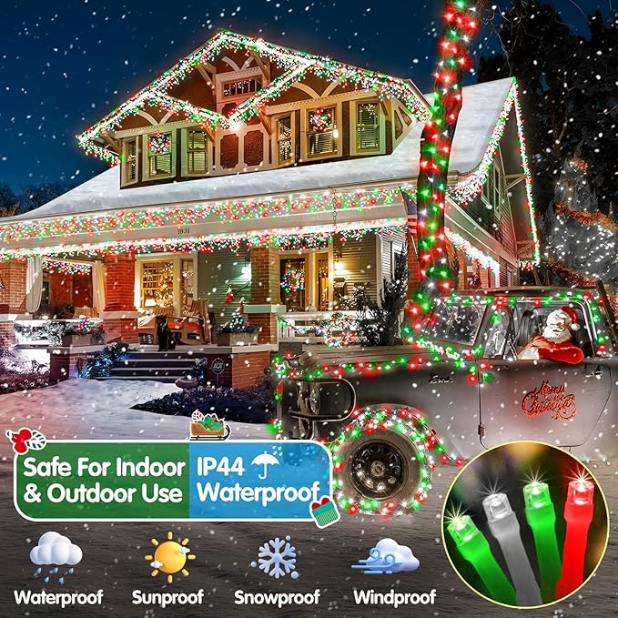 Heceltt Christmas Lights Outdoor, 522FT 1300 LED String Lights with 8 Lighting Modes &TimerTwinkle Fairy Lights Waterproof Plug in for Xmas Tree Wedding Party Holiday Decor(Red Green and White)