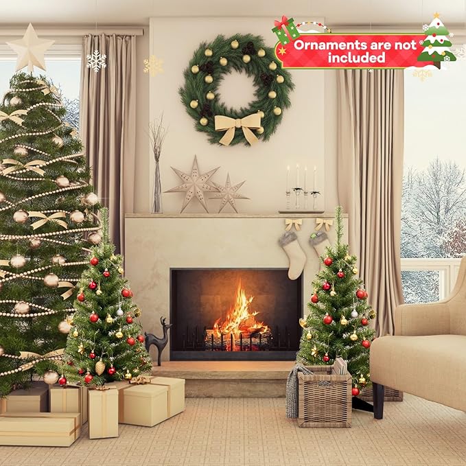 HAPPYGRILL 3 FT Small Christmas Tree, Artificial Tabletop Christmas Tree with Stand, Xmas Tree for Home Office Festival Decoration