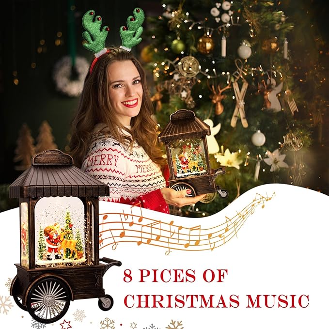Christmas Snow Globes,Swirling Music Box Christmass Trees with 8 Songs & 6H Timer,Battery Operated & USB Powered Christmas Lanterns for Indoor Holiday Table Party Gifts (Animal and Old Man)