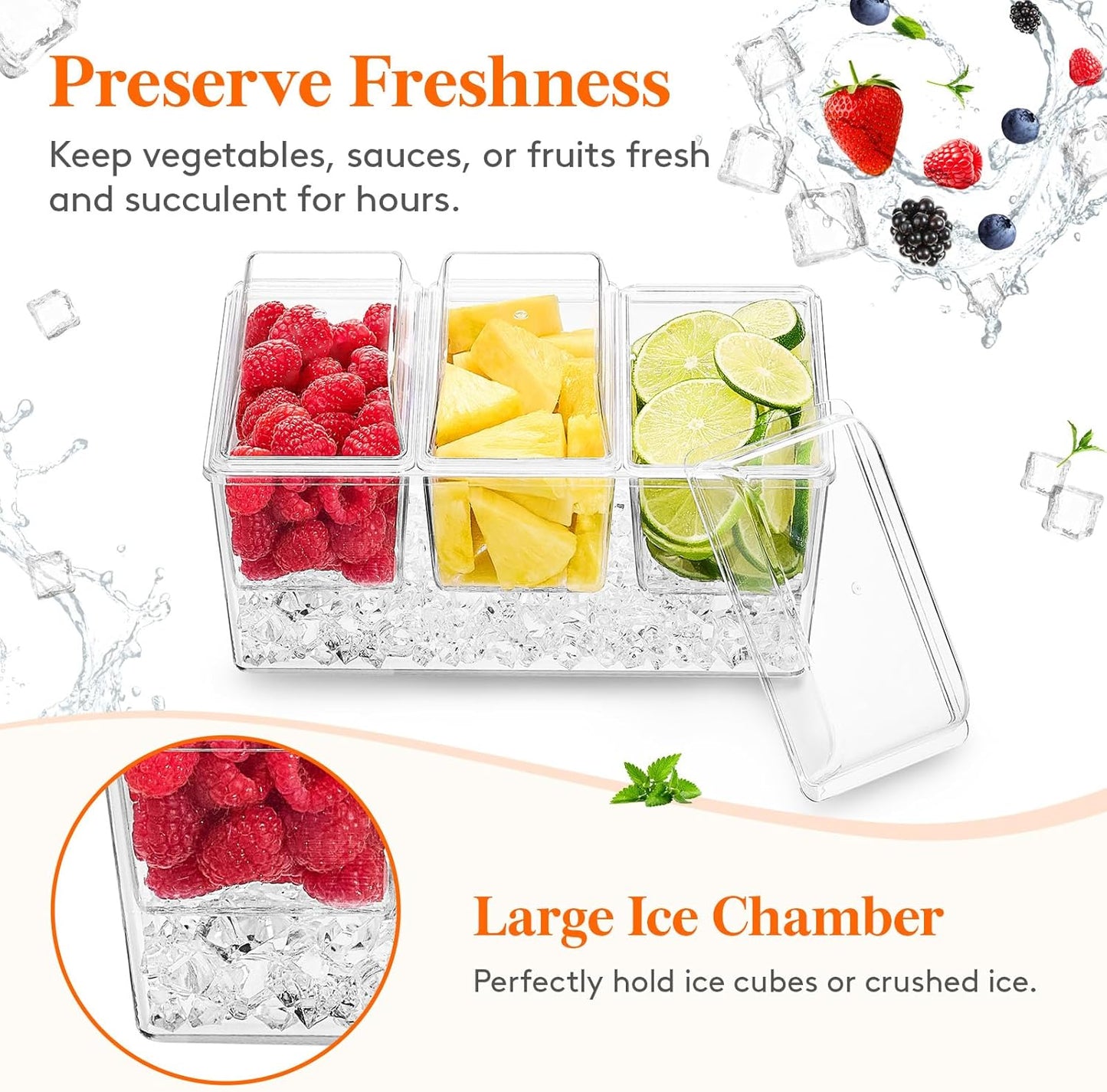 Lifewit Ice Chilled Condiment Caddy with 3 Containers(2.5 cup), Condiment Server with Separate Lids, Serving Tray Platter with Removable Dishes for Bar Accessories, Fruit, Salad, Taco, Party Garnish