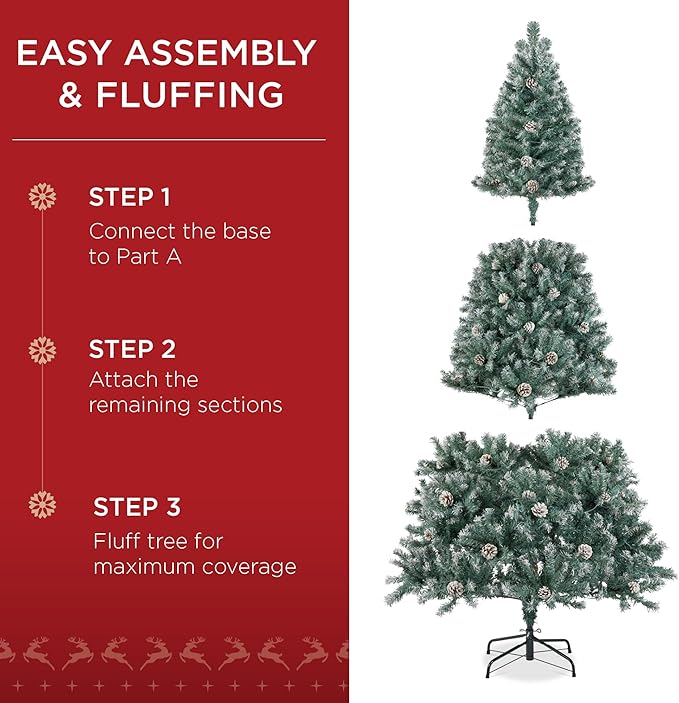 Best Choice Products 6ft Pre-Decorated Holiday Christmas Tree for Home, Office, Party w/1,000 Tips, Partially Flocked, Pinecones, Base – Blue Spruce