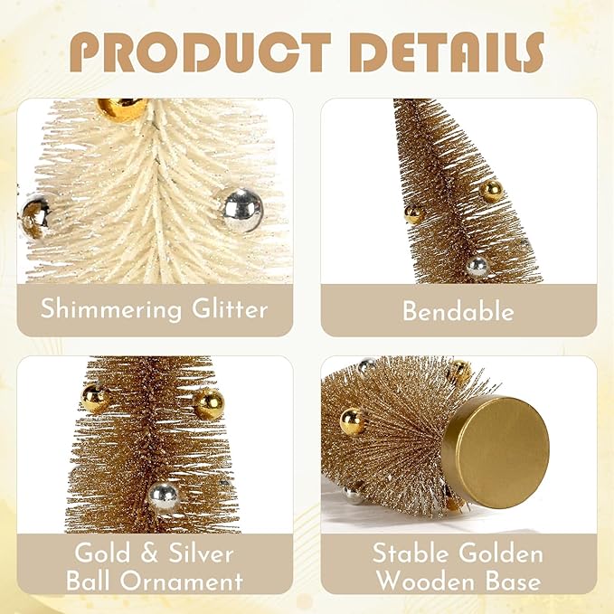 6 Pack Mini Christmas Trees, Small Miniature Frosted Bottle Brush Christmas Tree Decorations Tiny Tabletop Glittered Tree with Bead Ornaments Winter Holiday Décor for Tiered Tray Mantel Assorted Sizes