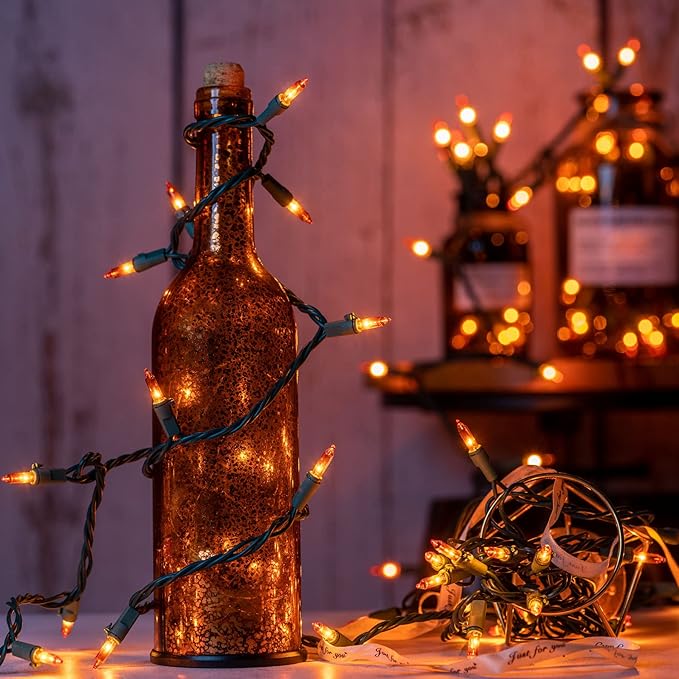 YULETIME 100 Count Orange Christmas Lights, 33 Feet Green Wire UL Certified Incandescent-Like LED Mini String Lights