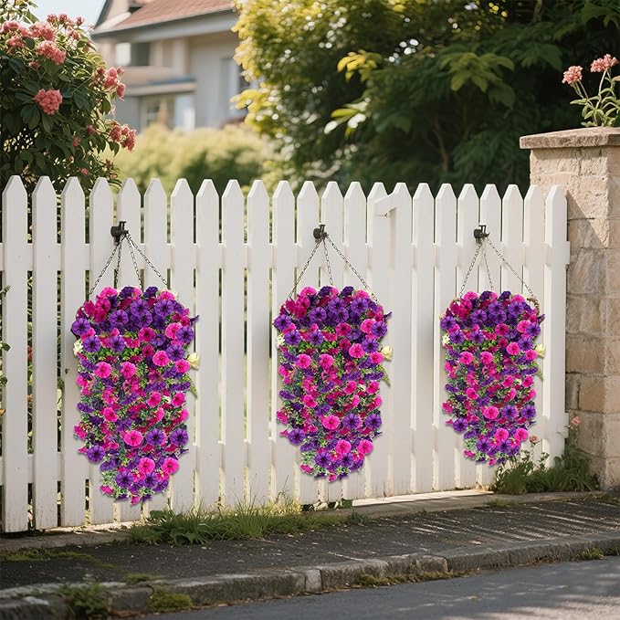 Rich and Eye-catching 5 PCS Artificial Hanging Flowers，Silk Morning Glory Faux Flowers with Eucalyptus Leaves,uv Resistant Fake Hanging Petunias Plants for Yard Decoration(Purple Red)