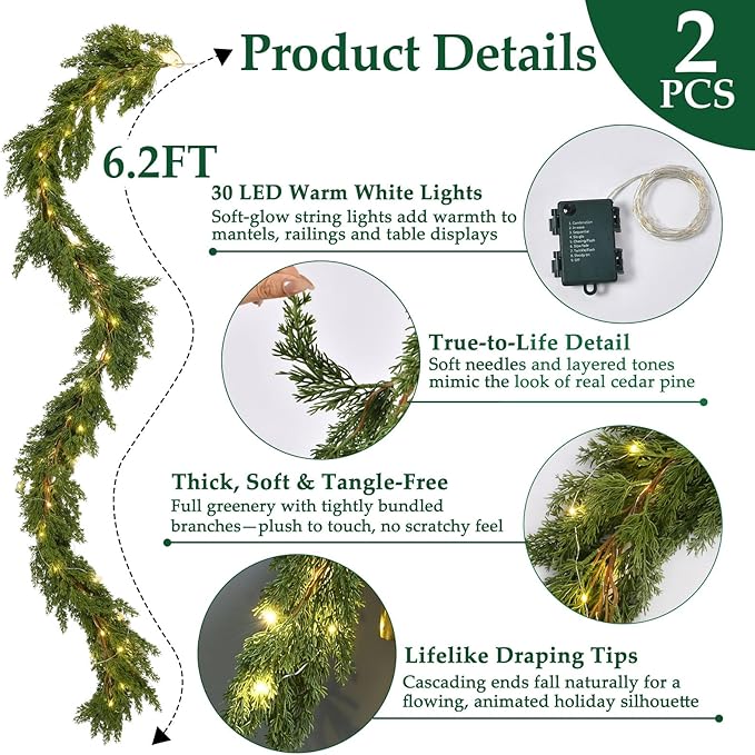 2PCS 6.2FT Christmas Garland with Lights, Real Touch Cedar Garland Thick and Lush Greenery with Soft Artificial Pine Branches for Mantle Fireplace Table Wall Outdoor Indoor Christmas Decorations