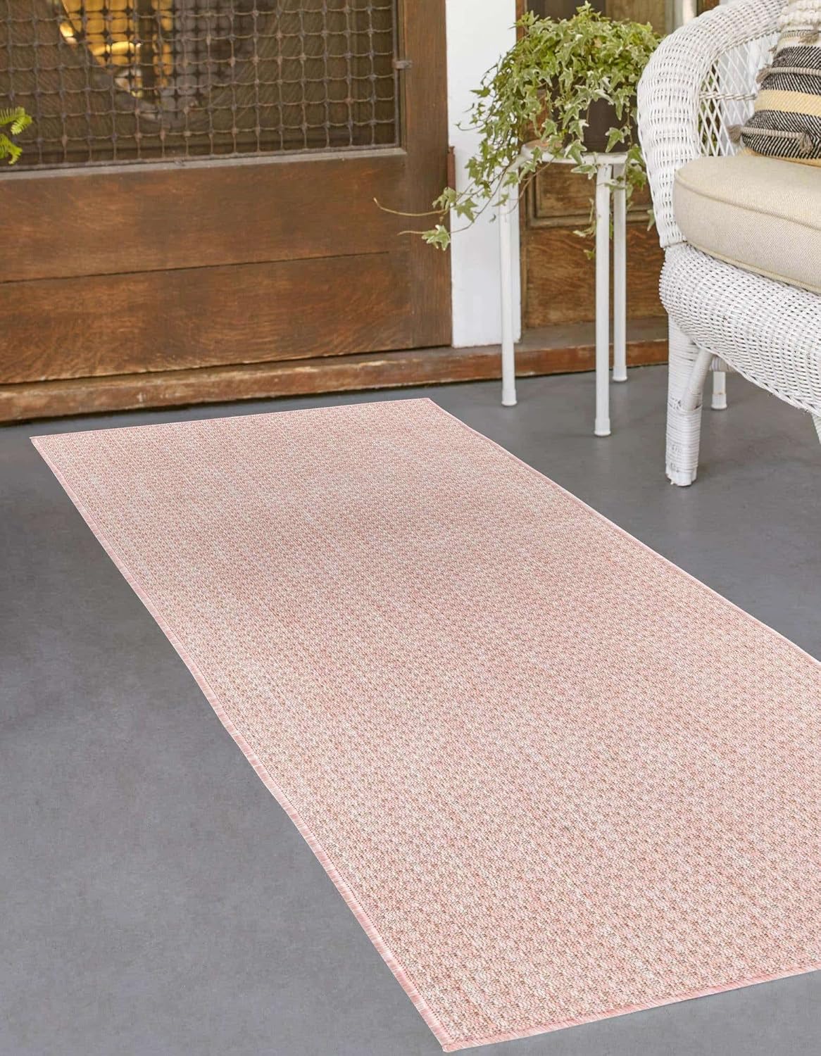 Unique Loom Collection Casual Transitional Solid Heathered Indoor/Outdoor Flatweave Area Rug (2' 7" x 12' Runner, Whisper Pink/Ivory)