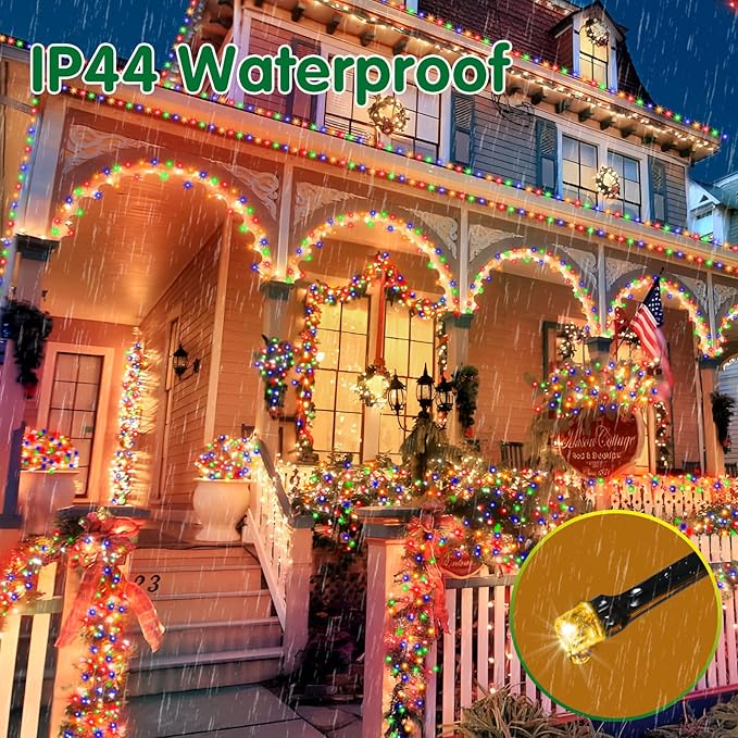 XURISEN Christmas Lights Outdoor 197FT 500 LED Green Wire String Lights 8 Modes with Timer Memory Waterproof Fairy Light Plug in for Xmas Tree Wedding Yard Party Holiday Decorations(Multicolor)