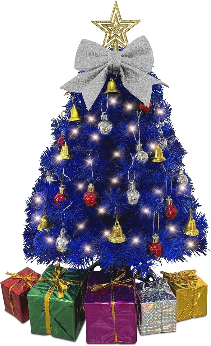 Small Blue Christmas Tree with Lights - 23 Inch Mini Tabletop Christmas Tree with Warm-White LED Lights, Hanging Ornaments, Decorative Bow and Gift Boxes - Table Tree for DIY Christmas Decoration