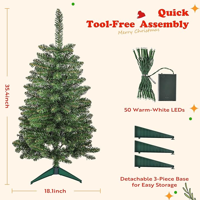 3FT Christmas Tree for Tabletop in Green– Mini Xmas Tree with 163 Branch Tips, Foldable Metal Base, Easy Assembly – Ideal for Home, Office, Apartment, or Holiday Décor