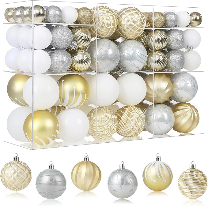 100PCS White and Gold Christmas Ornaments Set, Shatterproof Christmas Ball Ornaments Bulk, Assorted Decorations Baubles Hanging Ornaments for Christmas Trees Holiday Party Decor (White & Gold)