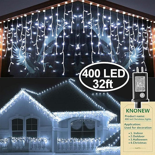 KNONEW Christmas Lights Outdoor Decorations 400 LED 33ft 8 Modes Curtain Fairy String Light with 75 Drops, Clear Wire LED String Light Decor for Wedding Party Holiday Christmas Decorations(Cool White)