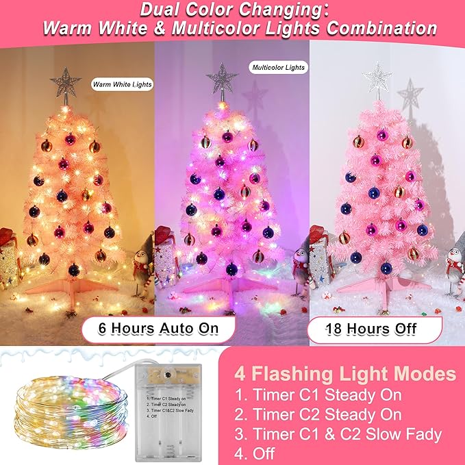 3FT Pink Christmas Tree Tinsel with 50 Warm White & Multi Color Fariy Light 3D Star 15 Ball Ornament, 12 Light Modes Timer Battery Operated Small Artificial Full Xmas Tree Table Indoor Holiday Decor