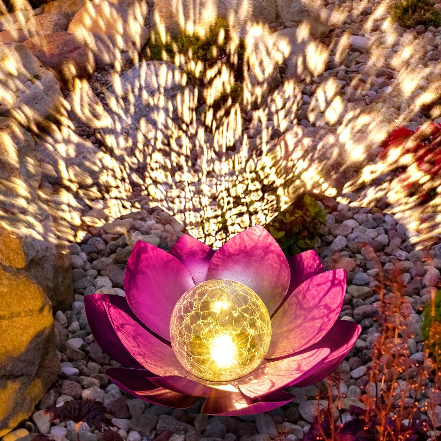 HPC Decor Solar Lights Outdoor Garden Decor - Art Crackle Globe Glass Lotus Decoration, Waterproof LED Metal Flower Lights for Outdoor Decor on Patio,Lawn,Walkway,Table,Perfect Gifts (Purple 11in)