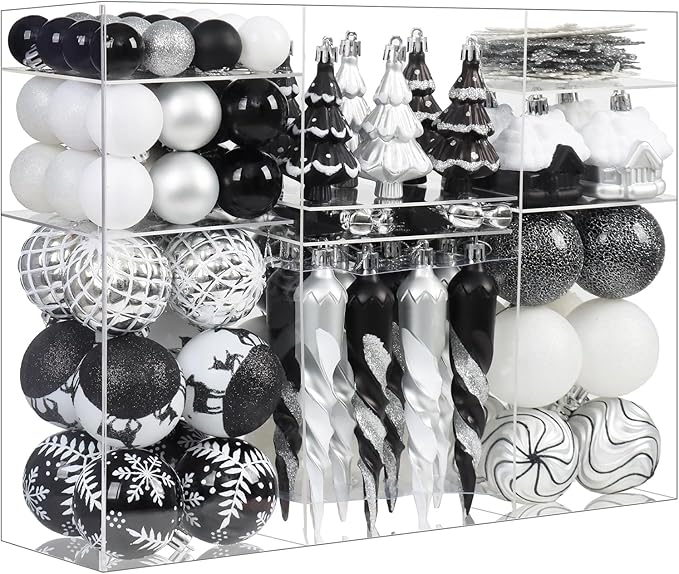 124Ct Black White and Silver Christmas Ornaments Set, Elegant Shatterproof Assorted Christmas Decorations for Xmas Tree Snowflake Icicle House Ball Ornaments Baubles for Holiday (Black White Silver)