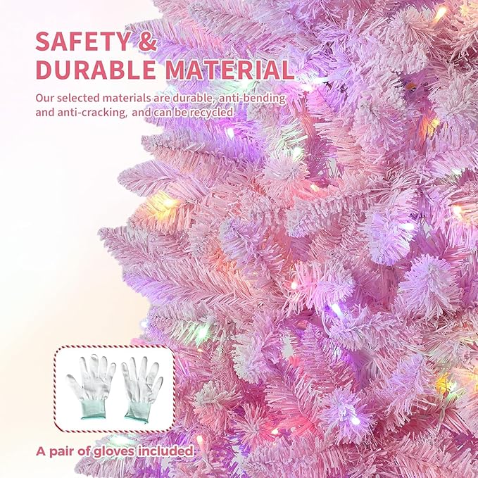 GarveeHome 7.5ft Pink Christmas Tree, Prelit Artificial Christmas Tree with Foldable Base, Snow Flocked Pencil Christmas Tree for Holiday Decoration