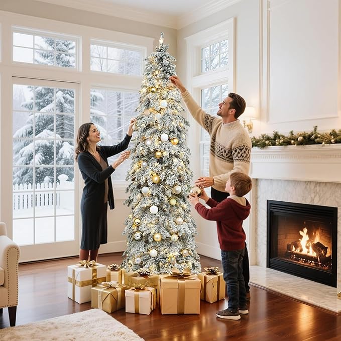 GOOBED 7.5ft Pre-Lit Flocked Drooping Pencil Spruce Christmas Tree with Pine Cones, Layered Spruce Design with Remote, 800 Branch Tips and 350 Lights for Home or Office, White Flocking