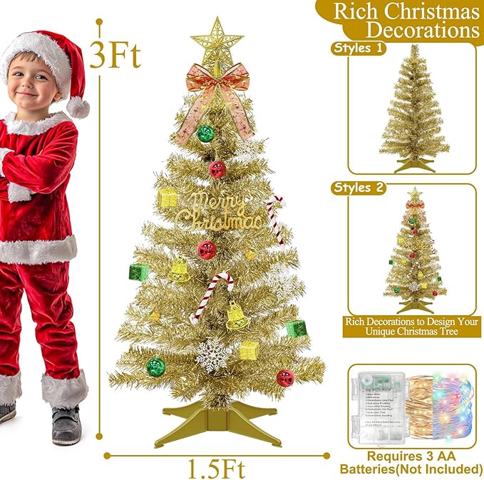3Ft Small Christmas Tree with Timer Remote, 8 Modes 50 Warm White&Colorful Change Lights, 3D Star&44 Ornaments, Battery Operated, Mini Christmas Tree Table Indoor Holiday Party Decor
