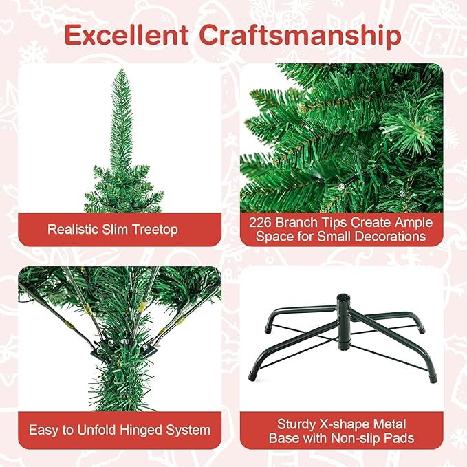 Goplus 4.5ft Prelit Pencil Christmas Tree, Premium Hinged Fir Tree, with Warm White LED Lights and Solid Metal Stand, Easy Assemble, Ideal Artificial Xmas Tree for Home and Office