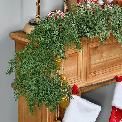 6.3FT Christmas Garland Real Touch Artificial Cedar Cypress Greenery Soft Pine Needles Realistic Faux Green Garland for Mantle Fireplace Table Wall Indoor Christmas Decorations