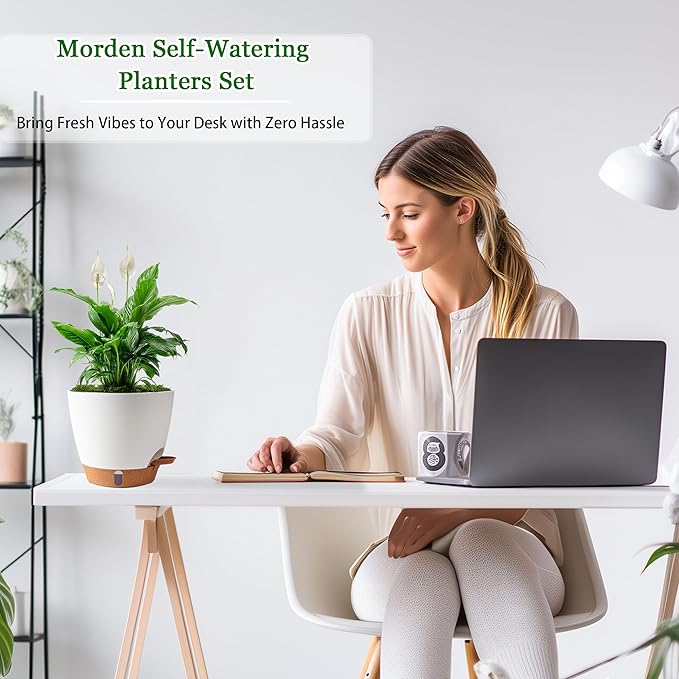 Self Watering Pots for Inoor Ourdoor Plants 10/9/8/7/6.5 Inch Plastic Planters with Drainage Holes & Water Level Indicator, Decorative House Flower Nursery Planting Pots with Saucers ((White)