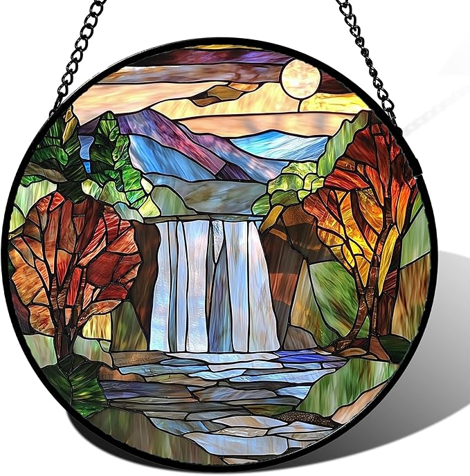 Stained Glass Window Hanging, Abstract Landscape Waterfall Mountains Trees Suncatcher for Doors Window Home Sun Catchers Decor Mother's Day Birthday Gifts for Women Men Mom 9.8 in