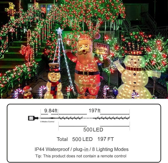 KNONEW 197FT 500 LED Christmas Lights Outdoor String Lights 8 Modes & Memory Fairy Light Plug in Waterproof LED String Lights for Xmas Yard Tree Wedding Party Holiday Decorations (Green)