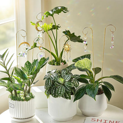 HDCRYSTALGIFTS 6PCS Small Trellis with Crystal Sun Catchers for Potted Plants, 13.5inch Fairy Garden Plant Stakes Suncatchers for Mini Potted Indoor Outdoor Decorations (Sun & Moon Styles)
