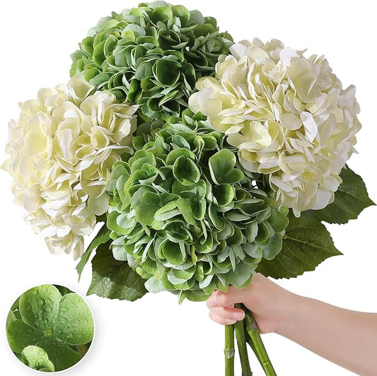 Nubry 22.44In Hydrangea Artificial Flowers, 4Pcs Latex Faux Real Touch Large Hydrangea Flowers with Long Stems & Leaves for Home Office Decor Wedding Party Arrangements(Beige&Green)