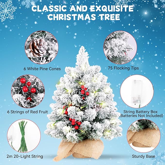 20 Inch Flocked Mini Christmas Tree with Lights, Berries and Cloth Bag Base, Pre-lit Artificial Tree for Tabletop Home Kitchen Livingroom Decoration, White+Green