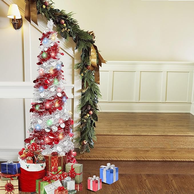 5 FT Pencil Christmas Tree, Collapsible Artificial Sequin Pop Up Christmas Tree, Skinny Pencil Tinsel Christmas Trees, Xmas Tree for Home Apartment Basement Fireplace (Red Silver)