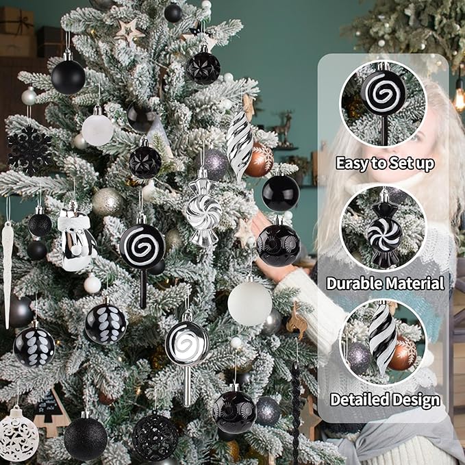 Shatterproof Christmas Ball Ornaments Set, 130 Pack Christmas Tree Decorations, Assorted Hanging Christmas Balls Bulk for Holiday Indoor Outdoor Xmas Party Decor (130 Black)