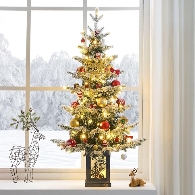 Small 3.5 FT Pre-Lit Christmas Tree with Ligths Snow Flocked Tabletop Christmas Tree with Sleigh Base for Home Office Xmas Decor, Battery Operated and Timer Function