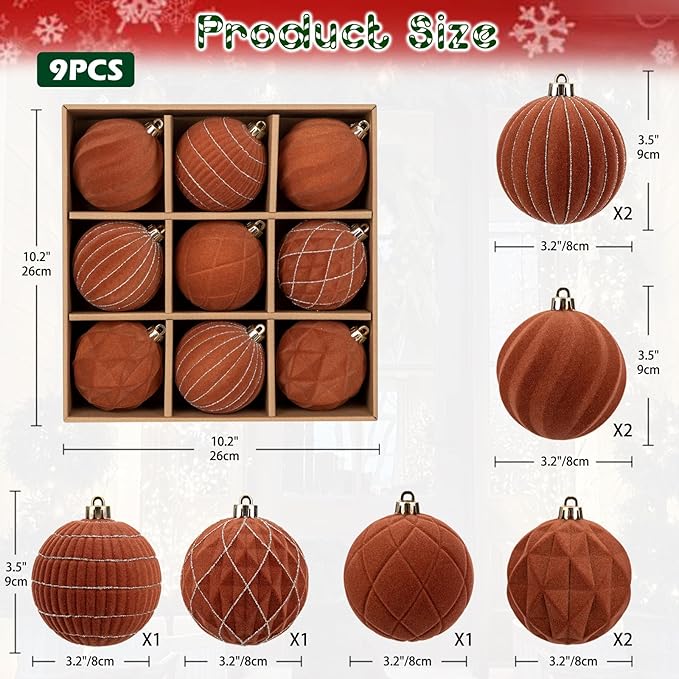 Hollyone Brown Velvet Christmas Ornaments Set for Christmas Tree 3.2inch Xmas Ball Ornaments 9Pcs Flocked Balls Xmas Hanging Ornament Decorations Set Shatterproof for Holiday Party Wreath Home Decor