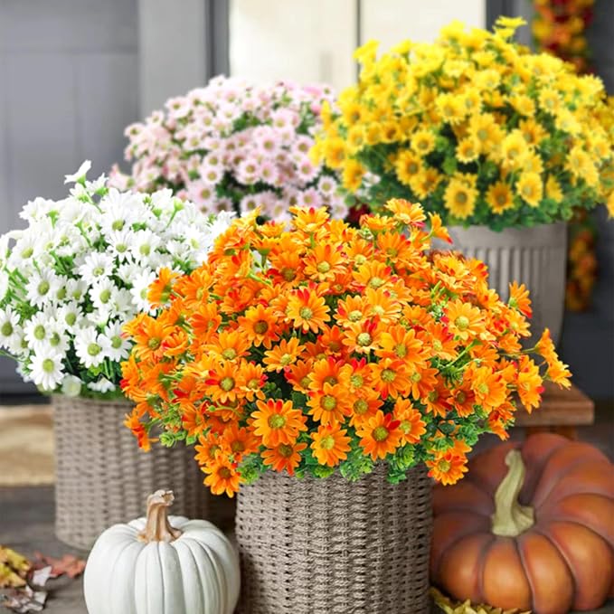 10pcs Outdoors Artificial Mum Flowers UV Resistant Daisy Fake Silk Chrysanthemum Greenery Faux Eucalyptus Plants for Spring Summer Garden Patio Window Box Planter Home Decor(Orange)