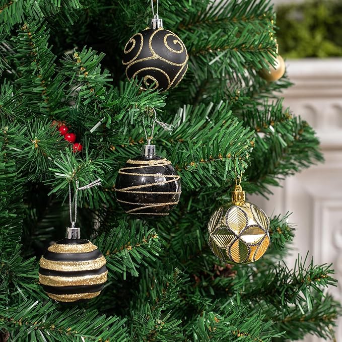 100 Pack Black and Gold Christmas Ball Ornaments Set, Hand-Painted Shatterproof Hanging Decorations, Assorted Baubles Bulk for Xmas Tree Wreath, Winter Holiday Home Party Decor