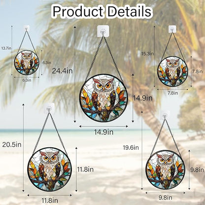 Stained Glass Window Hanging, Owl Colorful Leaves Birds Sun Catchers Diamond Glass Panel Hangings Suncatcher Decor for Birthday for Women, Men, Wife, Aunt, and Mom 14.9x14.9 in