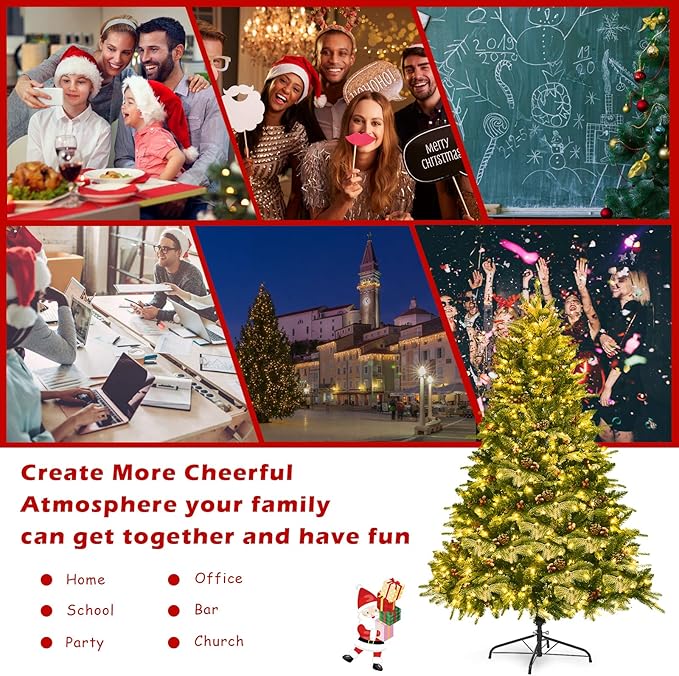 Happygrill 6.5FT Pre-lit Snow Flocked Christmas Tree Classic Natural Christmas Tree with 450 LED Lights Foldable Stand PVC PE Mixed Thick Leaves