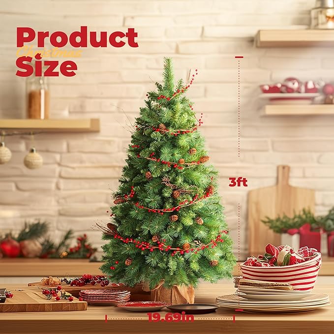 Christmas Tree, 3FT Tabletop Christmas Tree with Cloth Bag Base and LED Light, Pre-Lit Small Artificial Tree with Pine Cones & Red Berries, Christmas Decorative for Outdoor Indoor Porch