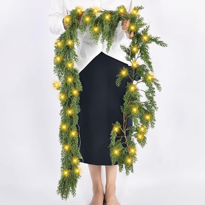 2PCS 6.2FT Christmas Garland with Lights, Real Touch Cedar Garland Thick and Lush Greenery with Soft Artificial Pine Branches for Mantle Fireplace Table Wall Outdoor Indoor Christmas Decorations
