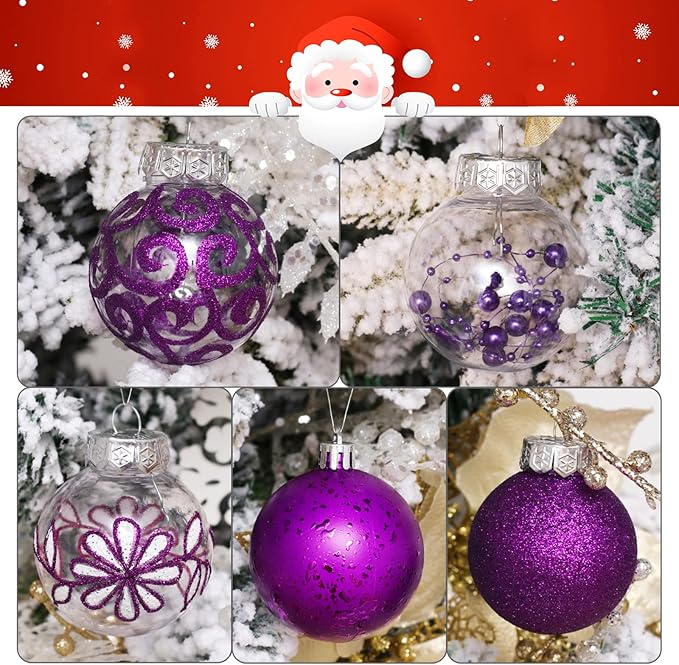 Clear Christmas Ornaments Set, 30ct 2.36inch Purple Shatterproof Christmas Ornaments Balls for Christmas Tree Delicate Stuffed Decorative Transparent Crystal Baubles for Xmas Halloween Wedding Party