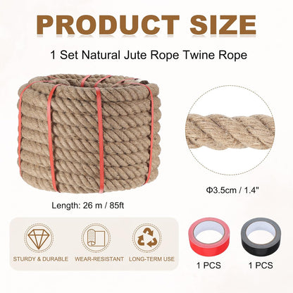 MECCANIXITY Jute Rope 1.4 Inch x 85ft, Thick Twine Rope Ropes Braided Jute Twine Natural Brown Burlap Cord String Heavy Twisted with Tapes for Decorative Crafts Railing Swing Tug of War