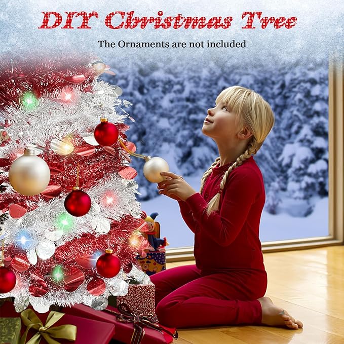 5 FT Pencil Christmas Tree, Collapsible Artificial Sequin Pop Up Christmas Tree, Skinny Pencil Tinsel Christmas Trees, Xmas Tree for Home Apartment Basement Fireplace (Red Silver)