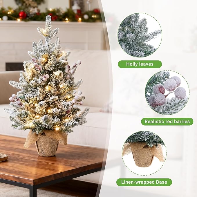 ELYKEN 22'' Mini Christmas Tree with LED Lights, Small Tabletop Artificial Christmas Xmas Holiday Party Decorations with Red Berries Pine Cones for Desk, Indoor Decor