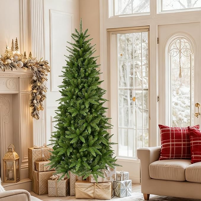8ft Artificial Pencil Christmas Tree Hinged Realistic Slim Xmas Tree w/Sturdy Metal Stand, Fake Christmas Tree with 1561 Tips for Home, Office, Party Decoration Indoor